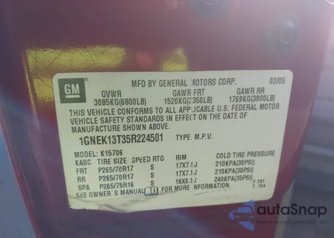 2005 Chevrolet Tahoe Z71 from USA, damaged, VIN 1GNEK13T35R224501